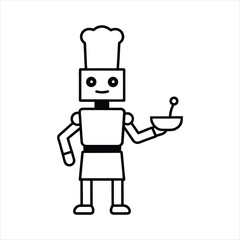 Friendly cartoon robot chef wearing a tall hat holding a bowl of food on a platter with a spoon