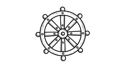 Hand-drawn black and white sketch of a classic wooden ships wheel with eight spokes.