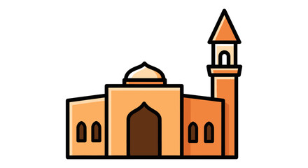 Cartoon Illustration of a Beige Mosque with Minaret Tower.