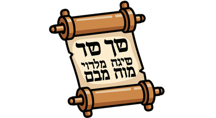 A cartoon illustration of an ancient scroll with Hebrew text on aged parchment paper.