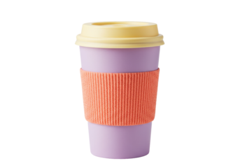 Reusable pastel purple coffee cup with orange sleeve and yellow lid isolated, eco-friendly travel mug for hot drinks on no background