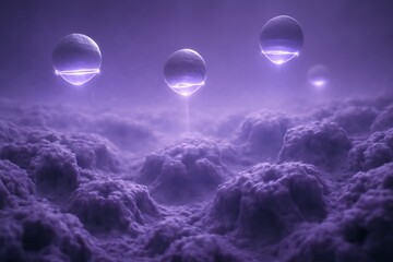Surreal Futuristic Landscape with Floating Spheres and Purple Mist