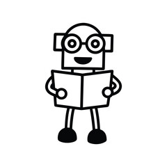 Cute cartoon robot with glasses reading an open book with a happy expression on its face. robot cartoon character.