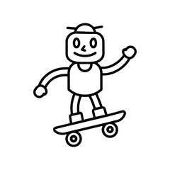 Simple line drawing of a cheerful cartoon character riding a skateboard with one arm raised. robot cartoon character.