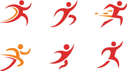 Dynamic athletic icons of running figures in motion, stylized sports silhouettes for fitness, speed, energy, and physical activity concepts.