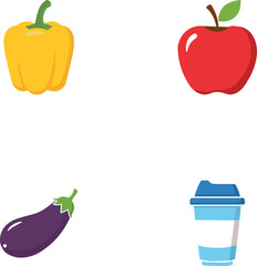 Four simple flat illustrations of a yellow bell pepper red apple purple eggplant and blue coffee cup on white