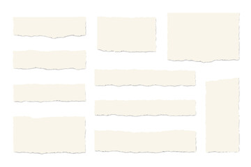 Set of torn paper strips vector illustration. Ripped beige paper edges for scrapbooking. Blank note pieces with ragged texture. Abstract cardboard shreds design element.