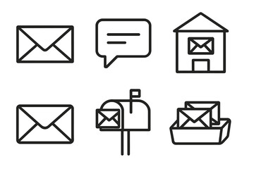 Mail and communication icon set. Thin line art vector symbols for email, text message, post office, letter, and mailbox. Outline icons for correspondence, newsletter, contact.