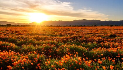 Sunset over a vibrant field of wildflowers