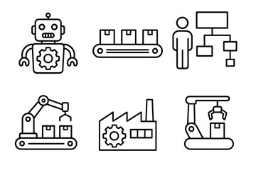 Mass production & industrial automation icon set. Thin line style icons of robot, robotic arm, factory, conveyor belt & workflow process chart. Vector symbols for manufacturing.