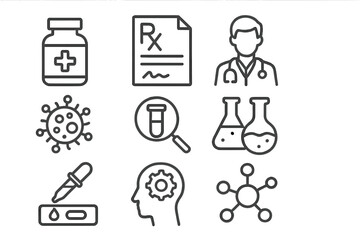 Medical research and healthcare line icon set. Medicine, pharmacy, science. Doctor, Rx prescription, virus, lab test, scientific discovery, chemistry flask, molecule pictogram.
