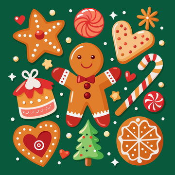 Festive gingerbread cookie collection with Christmas tree, stars, hearts, candy canes, and gingerbread men decorated with icing, perfect sweet holiday treats vector illustration for winter celebration
