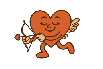 Retro groovy heart cupid mascot with bow and arrow. Valentines Day character. Love angel. Funny personage for poster, card. Cute 60s 70s vintage vector illustration isolated.