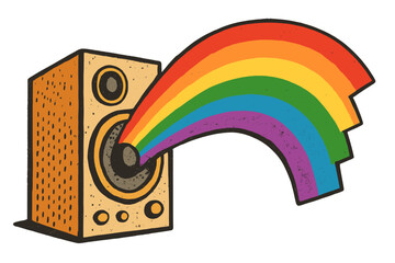 Retro loudspeaker with rainbow soundwave. Pride month vector banner. LGBTQ community celebration of love and equality. Music illustration in paper collage halftone style.