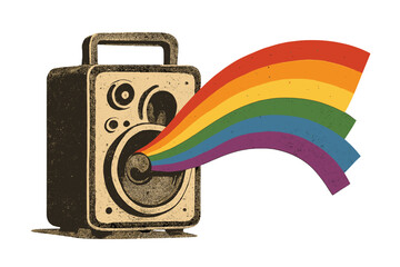 Retro loudspeaker with rainbow vector illustration. Pride month concept. LGBTQ community symbol. Gay parade announcement. Music sound of freedom, love and equality. Paper collage.