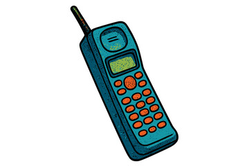 Retro mobile phone from the 90s. Old cellphone with buttons and antenna. Vintage communication technology. Y2K nostalgia concept. Cartoon vector illustration in halftone style.