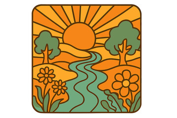 Retro psychedelic groovy landscape. Vintage 70s hippie poster with sun rays, wavy river, and flowers. Trippy nature background vector illustration. Contour art style.