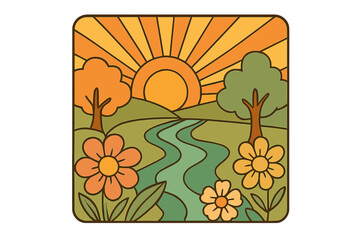 Retro psychedelic groovy landscape with sun rays, wavy river, and flowers. Vintage 70s hippie background in a trippy style. Vector contour illustration for square posters.