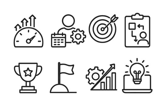 Productivity and efficiency line icon set. Business performance, planning, success, and goal achievement concepts. Vector icons for workflow, strategy, growth, and innovation.