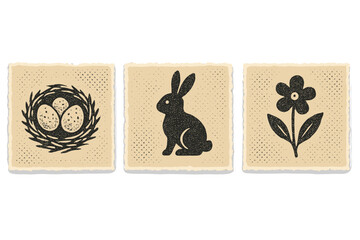 Vintage Easter icon set with torn paper collage elements. Retro halftone texture symbols for spring holiday. Square cards with nest, eggs, bunny rabbit, and flower graphics.