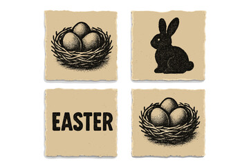 Torn out vintage halftone Easter day collage covers set. Trendy card with cutout paper elements. Square poster with dotted icons, nest with eggs, bunny, and holiday lettering.