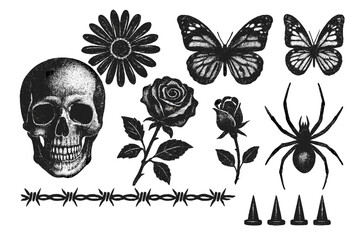 Y2K grunge design elements. Retro photocopy texture sticker pack. Vector set with skull, butterfly, rose flower, spider, spikes, barbed wire. Goth punk streetwear asset.