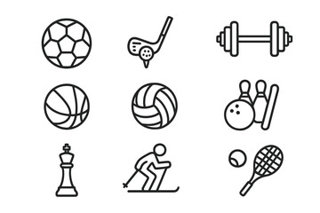Fototapeta premium Sport and recreation icon set in thin line style. Vector collection of symbols for football, golf, gym, basketball, volleyball, bowling, chess, skiing, and tennis. Outline pictograms.
