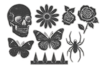 Grunge elements set with retro photocopy texture. Y2K inspired vector stickers with skull, flower, butterfly, spider, spikes. Goth punk aesthetic for cool trendy design.