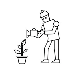 Stylized outline illustration of a person in a hat watering a small potted plant with a watering can. robot cartoon character.