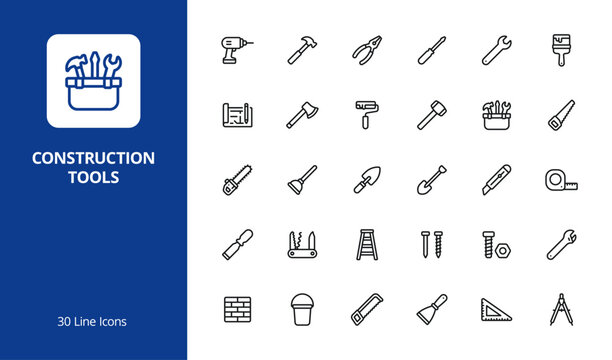 Construction Tools Line Icon Set