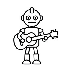 Cute cartoon robot playing an acoustic guitar in a simple line drawing style. robot cartoon character.