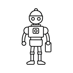 Simple line art illustration of a friendly cartoon robot holding a briefcase. robot cartoon character.