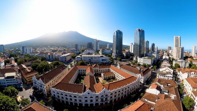 Aerial Panorama View of Bandung City With Skyscrapers and Tangkuban Perahu Mountain