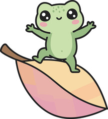 Cartoon green frog standing on rainbow leaf, playful whimsical animal with rosy cheeks, colorful wildlife illustration, imaginative children’s artwork, fantasy design