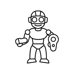 Simple outline drawing of a friendly cartoon robot character standing with arms outstretched. robot cartoon character.