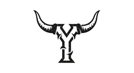 Stylized Bull Skull with Letter Y Design in Black and White