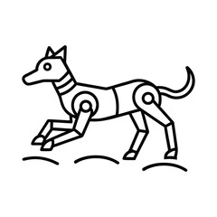 Stylized line art illustration of a mechanical dog with articulated joints running on a simple ground line. Dog cartoon character.
