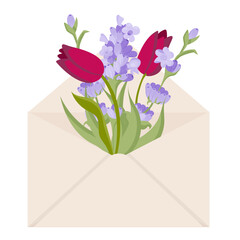 Bouquet of tulips and lovanda in an envelope. Vector illustration isolated on white background.