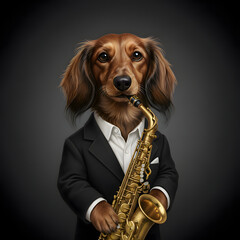 A long-haired dachshund in a suit with a saxophone in its paws. Portrait on a dark background. Hyperrealistic illustration
