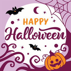 Obraz premium Happy Halloween greeting with bats pumpkin moon and spider web invitation celebration