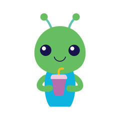 Cute cartoon green alien character holding a pink milkshake with a straw and wearing a blue vest. allien cartoon character.