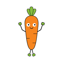Cute and happy cartoon carrot character with arms and legs raised in celebration. carrot cartoon character.