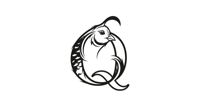 Stylized Bird Design with Letter Q Silhouette in Black and White