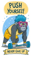 A cartoon gorilla wearing a blue mohawk and pink glasses presses a barbell with the slogan PUSH YOURSELF, NEVER GIVE UP.