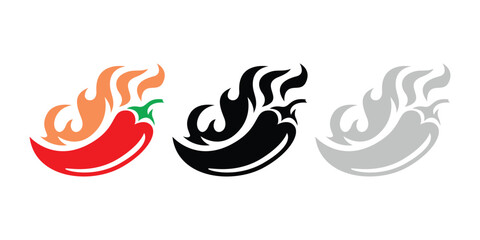 Flaming Chili Pepper Icon Set. Spicy Food Vector Design. Hot Chili Pepper Fire Icons. Red, Black, and Gray Vector © Fergun