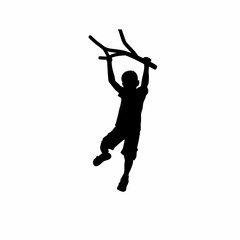 Silhouette of a boy climbing monkey bars isolated on white background