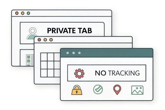 Windows of Browser Showing Private Mode and No Tracking Data