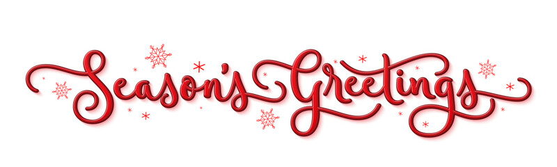 SEASON'S GREETINGS red vector brush calligraphy banner with snowflakes © HowLettery Studio