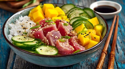 Delicious and colorful poke bowl with fresh ingredients