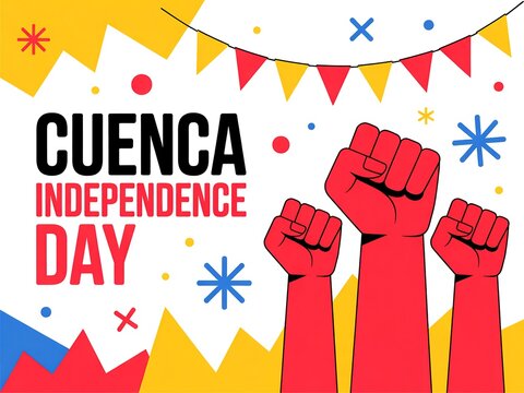 Celebration of cuenca independence day with red fists raised in solidarity and festive decorations